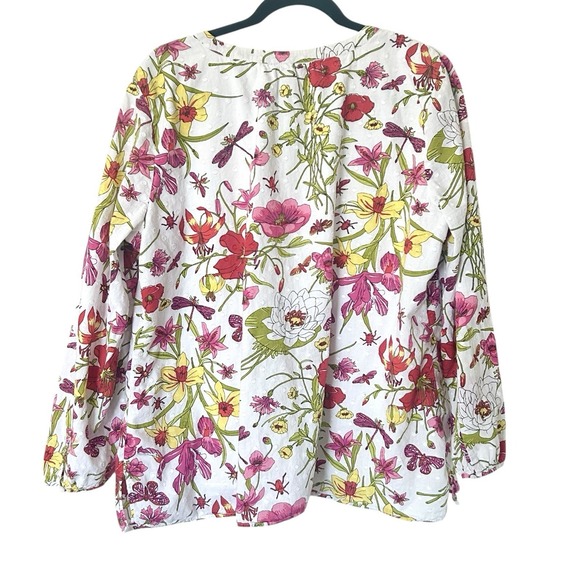 Talbots Blouse White Muticolored Flowers Dragonflies 100% Cotton Lined XL Spring - Picture 2 of 11